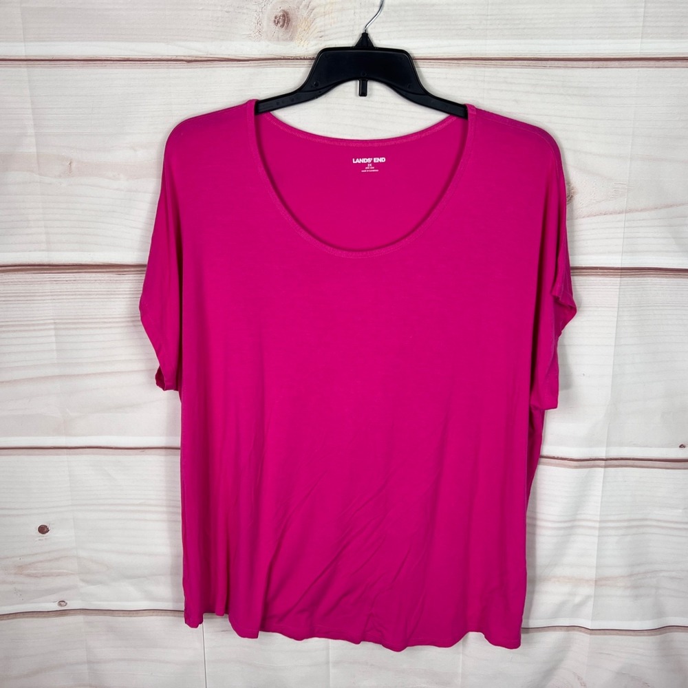 Lands End Top Women 2X Pink Scoop Neck T-Shirt Dolman Sleeve Jersey Knit Solid